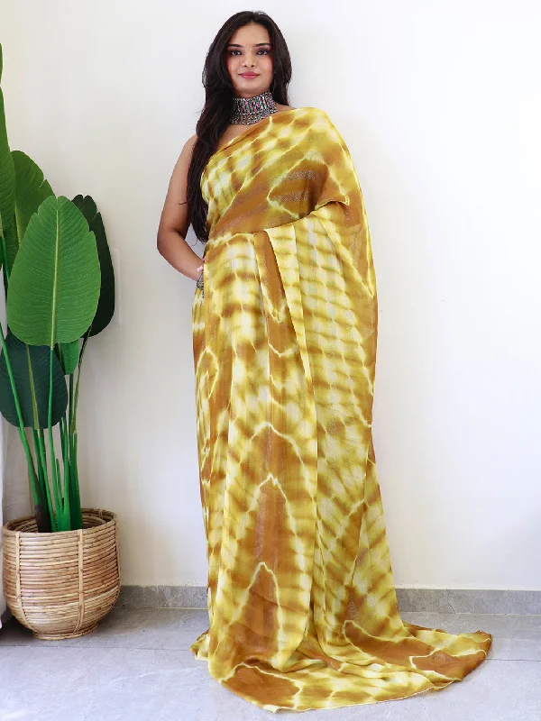 Women's Georgette Mustard Printed Ready to Wear With Blouse Piece Side Tie Blouse