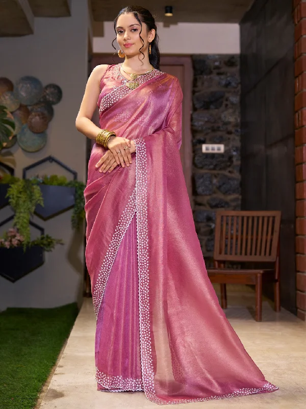 Women's Organza Pink Embellished Designer Saree With Blouse Piece Double Button Blouse Women's Organza Pink Embellished Designer Saree With Blouse Piece Double Button Blouse