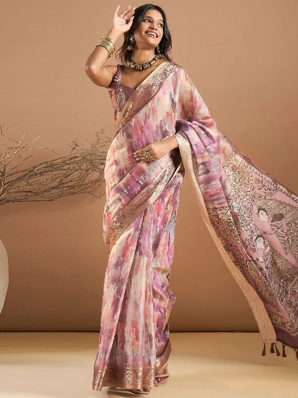 Women's Kanjeevaram Silk Mauve Printed Designer Saree With Blouse Piece Side Tie Blouse Women's Kanjeevaram Silk Mauve Printed Designer Saree With Blouse Piece Side Tie Blouse