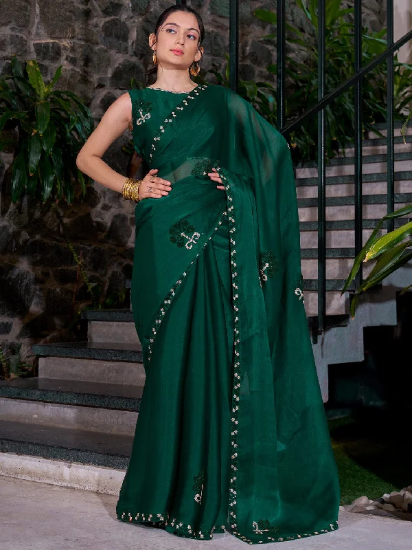 Women's Organza Teal green Embellished Designer Saree With Blouse Piece Elegant Embroidery Blouse