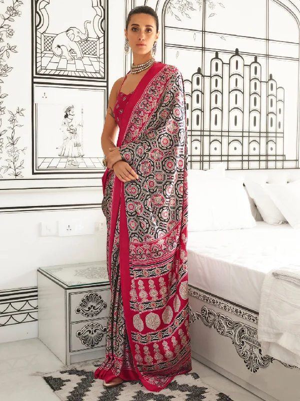 Women's Crepe Black Printed Designer Saree With Blouse Piece Office Formal Blouse