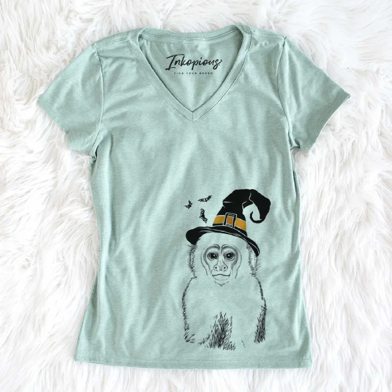 Witch Marcel the Capuchin Monkey - Women's V-neck Shirt-- Lace Blend Ribbed Blend Corduroy Blend Witch Marcel the Capuchin Monkey - Women's V-neck Shirt-- Lace Blend Ribbed Blend Corduroy Blend