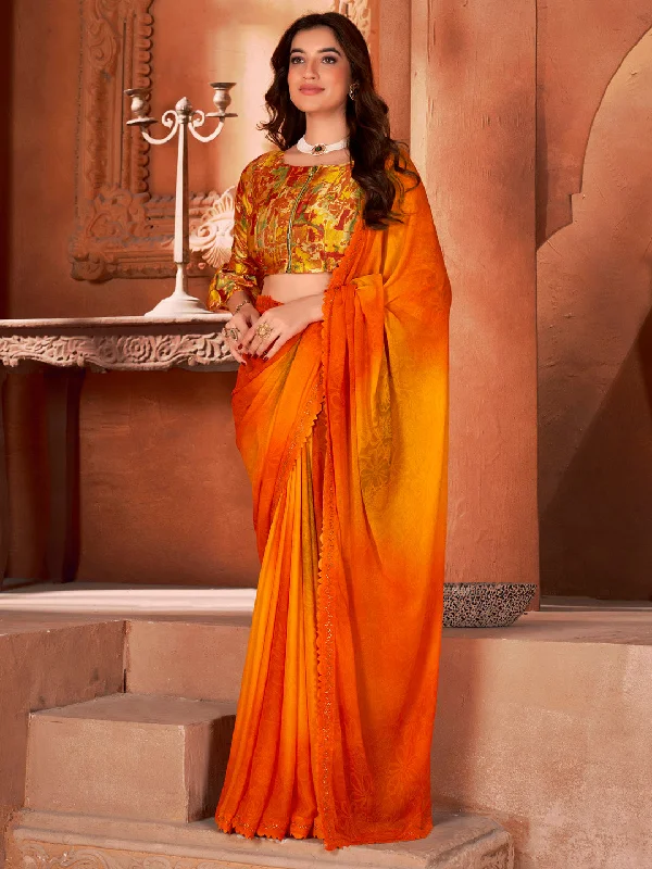 Women's Georgette Yellow Printed Designer Saree With Blouse Piece Chic Sleeveless Blouse Women's Georgette Yellow Printed Designer Saree With Blouse Piece Chic Sleeveless Blouse