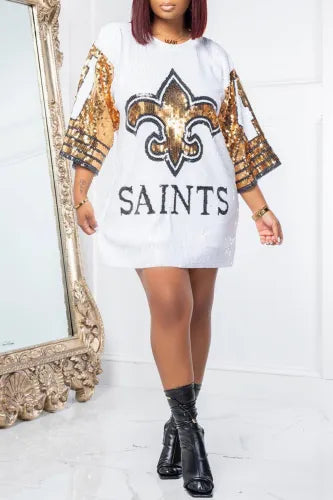 Sexy White Black & Gold Saints Sequin Football Jersey Mini Dress Casual Button-Up Mini Dress Sexy White Black & Gold Saints Sequin Football Jersey Mini Dress Casual Button-Up Mini Dress