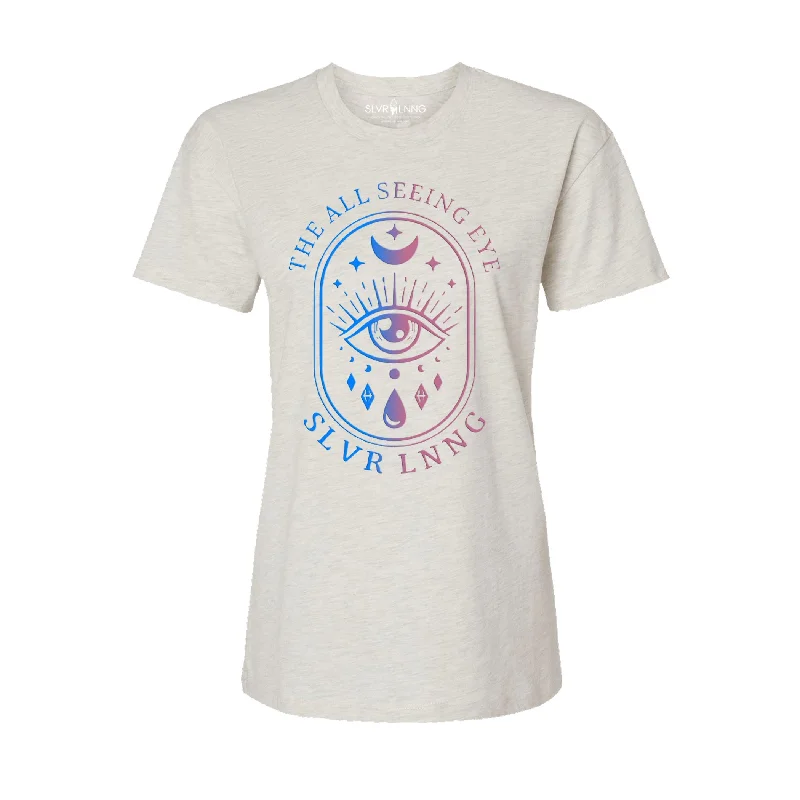 All Seeing eye women relax fit T-shirt -Black or Oatmeal color to choose from- Infused with Amethyst, Fluorite & Sodalite-- Print Jacquard Patchwork All Seeing eye women relax fit T-shirt -Black or Oatmeal color to choose from- Infused with Amethyst, Fluorite & Sodalite-- Print Jacquard Patchwork