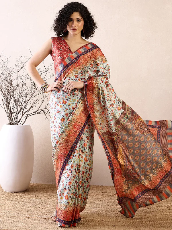 Women's Poly Silk Sea Green Printed Ready to Wear With Blouse Piece Feminine Satin Blouse Women's Poly Silk Sea Green Printed Ready to Wear With Blouse Piece Feminine Satin Blouse