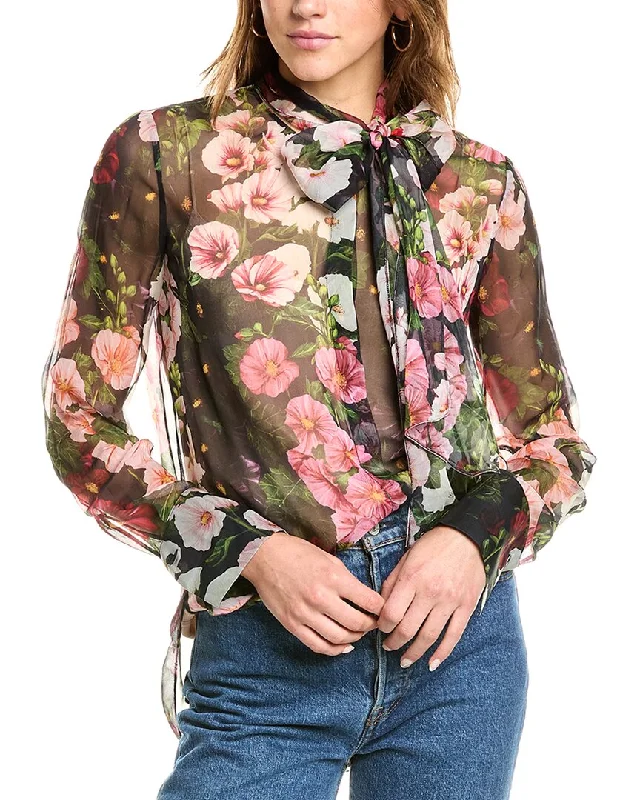 Oscar de la Renta Hollyhocks Silk Chiffon Blouse Short Sleeve Blouse