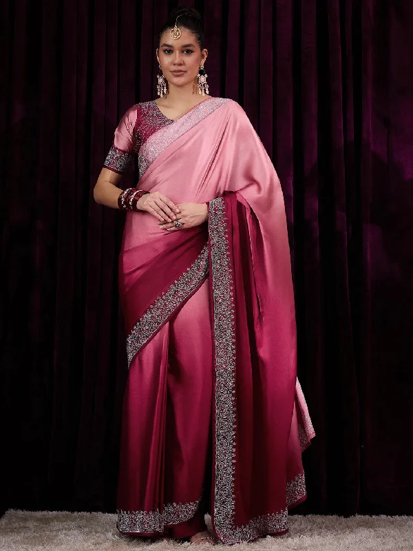 Women's Satin Silk Pink Embellished Designer Saree With Blouse Piece Oversized Silk Blouse Women's Satin Silk Pink Embellished Designer Saree With Blouse Piece Oversized Silk Blouse