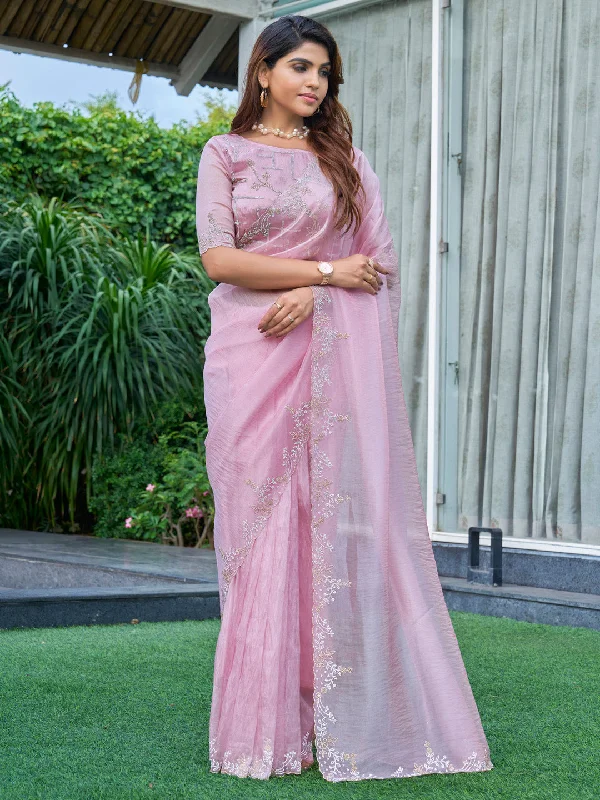 Women's Organza Pink Embellished Designer Saree With Blouse Piece Modern Oversized Blouse