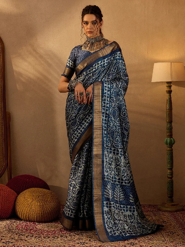 Women's Silk Blend Navy Blue Printed Designer Saree With Blouse Piece Chic Square Blouse Women's Silk Blend Navy Blue Printed Designer Saree With Blouse Piece Chic Square Blouse