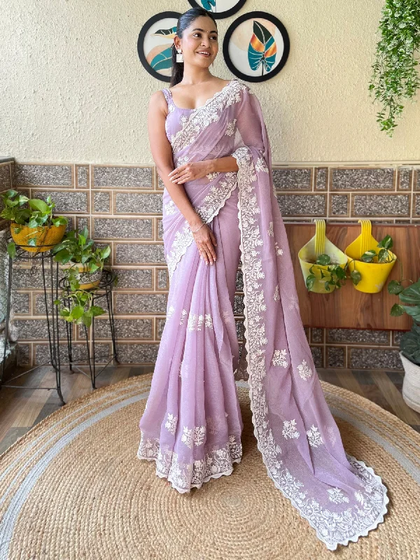 Women's Georgette Mauve Embroidered Designer Saree With Blouse Piece Soft Pastel Blouse Women's Georgette Mauve Embroidered Designer Saree With Blouse Piece Soft Pastel Blouse