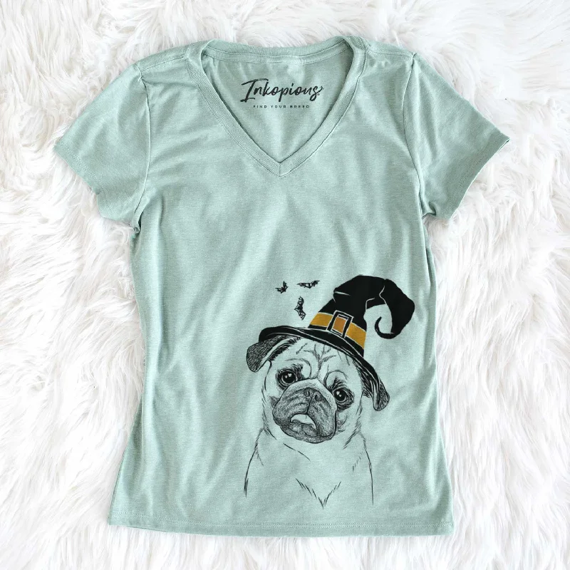 Witch Macy the Pug - Women's V-neck Shirt-- Collared T-Shirt Boat Neck A-Line