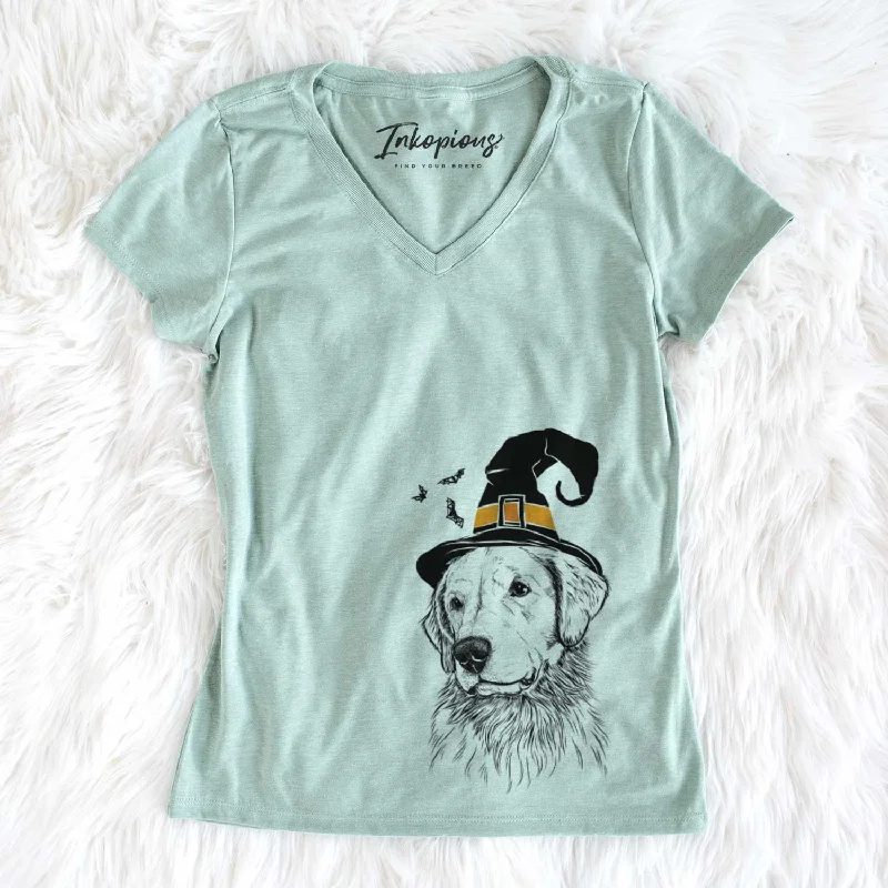 Witch Quinn the Golden Retriever - Women's V-neck Shirt-- Striped Floral Plaid