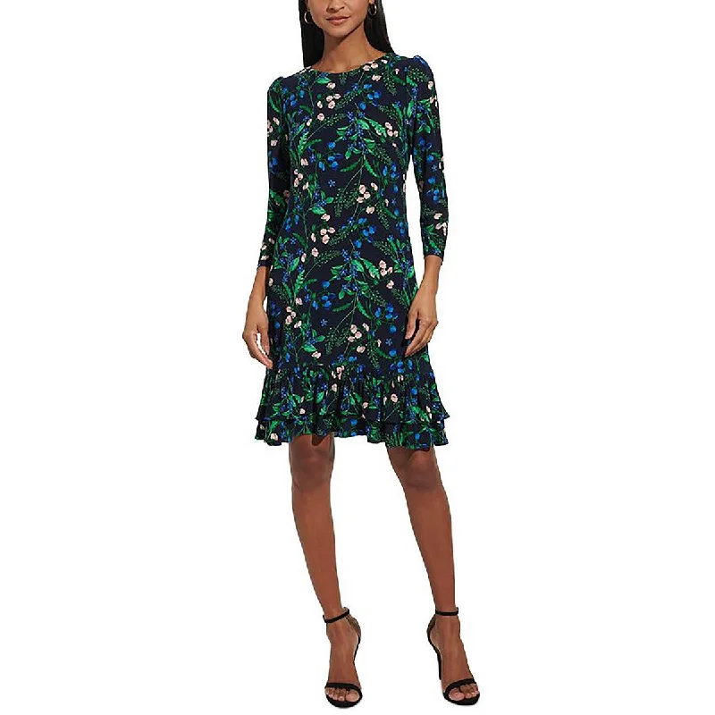 Womens Floral Print Ruffled Hem Mini Dress Classic Casual Mini Dress