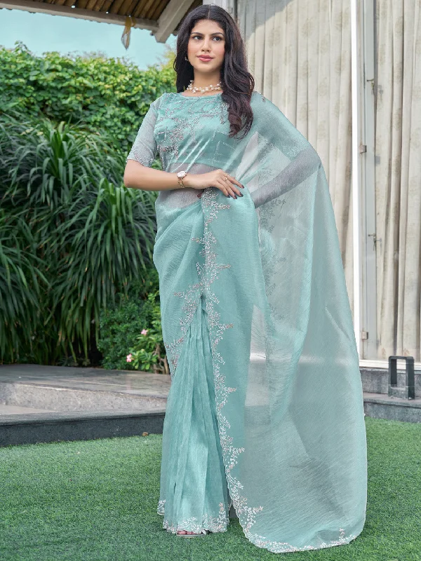 Women's Organza Light Blue Embellished Designer Saree With Blouse Piece Chic Wrap Blouse Women's Organza Light Blue Embellished Designer Saree With Blouse Piece Chic Wrap Blouse