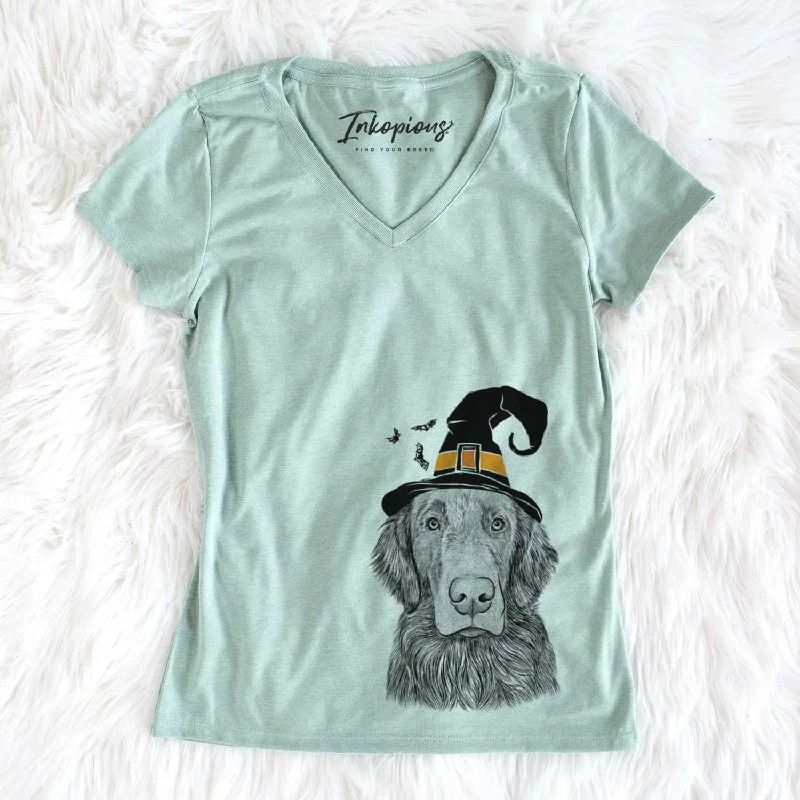 Witch Pippin the Flat Coated Retriever - Women's V-neck Shirt-- Anti-Pilling Machine Wash Handmade Witch Pippin the Flat Coated Retriever - Women's V-neck Shirt-- Anti-Pilling Machine Wash Handmade