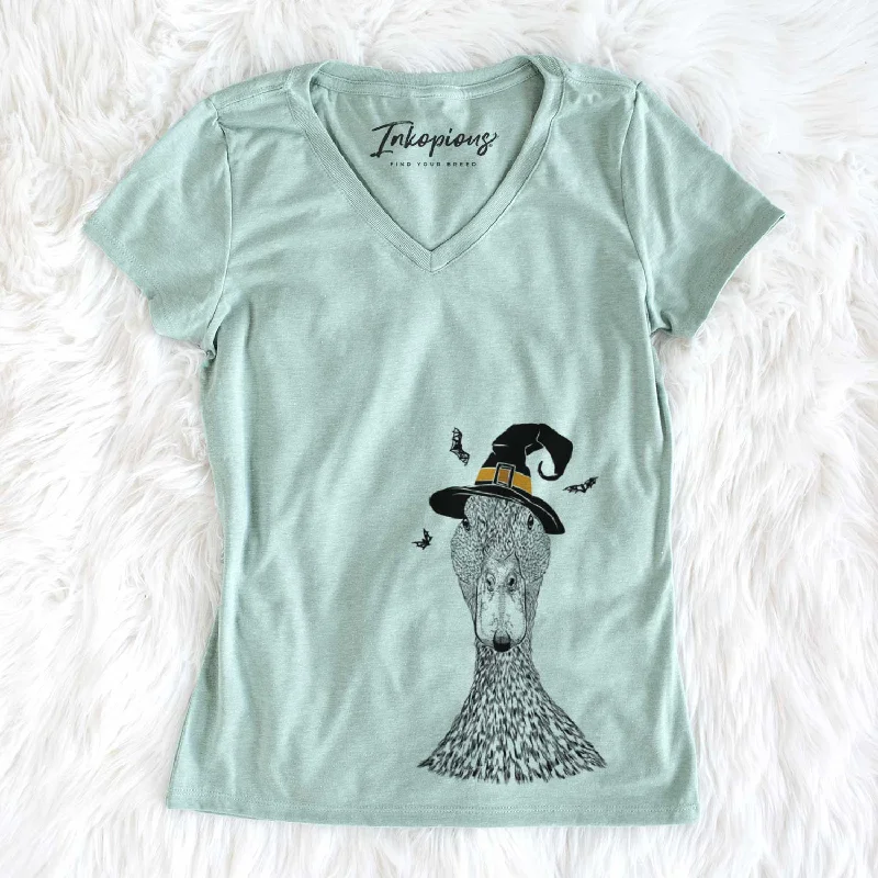 Witch Marge the Mallard Duck - Women's V-neck Shirt-- Mesh Blend Leather Blend Suede Blend Witch Marge the Mallard Duck - Women's V-neck Shirt-- Mesh Blend Leather Blend Suede Blend