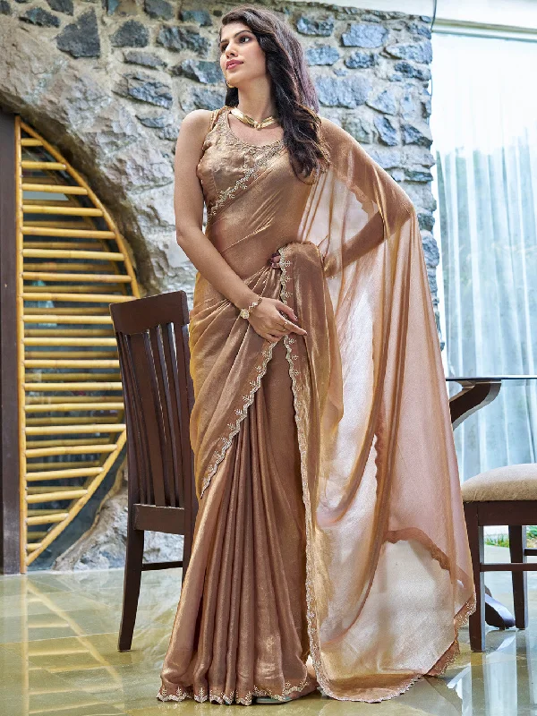 Women's Pure Chiffon Bronze Embellished Designer Saree With Blouse Piece Smart Casual Blouse Women's Pure Chiffon Bronze Embellished Designer Saree With Blouse Piece Smart Casual Blouse