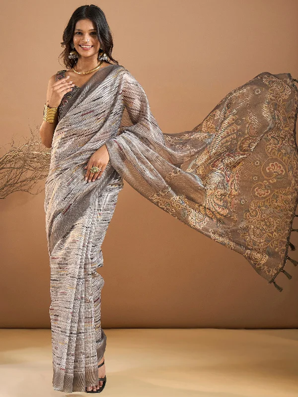 Women's Organza Grey Printed Designer Saree With Blouse Piece Backless Summer Blouse Women's Organza Grey Printed Designer Saree With Blouse Piece Backless Summer Blouse