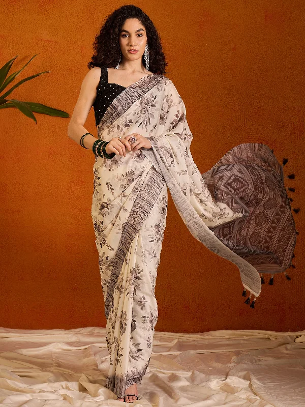 Women's Georgette Off White Printed Designer Saree With Blouse Piece Embroidered Cotton Blouse Women's Georgette Off White Printed Designer Saree With Blouse Piece Embroidered Cotton Blouse