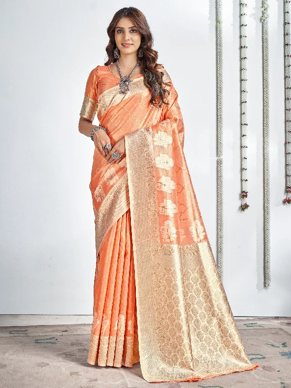 Women's Cotton Peach Woven Design Designer Saree With Blouse Piece Boho Chic Blouse