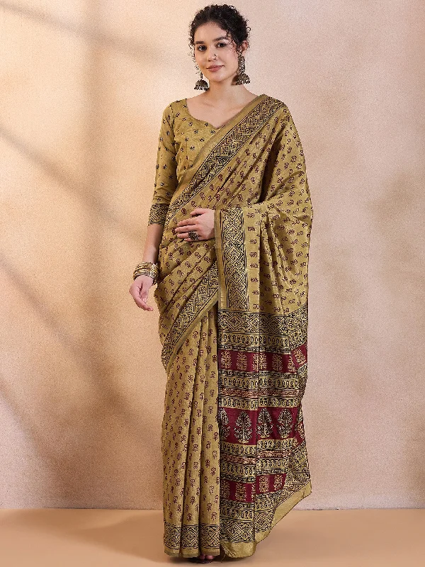 Women's Dola Silk Beige Printed Designer Saree With Blouse Piece Polished Work Blouse Women's Dola Silk Beige Printed Designer Saree With Blouse Piece Polished Work Blouse