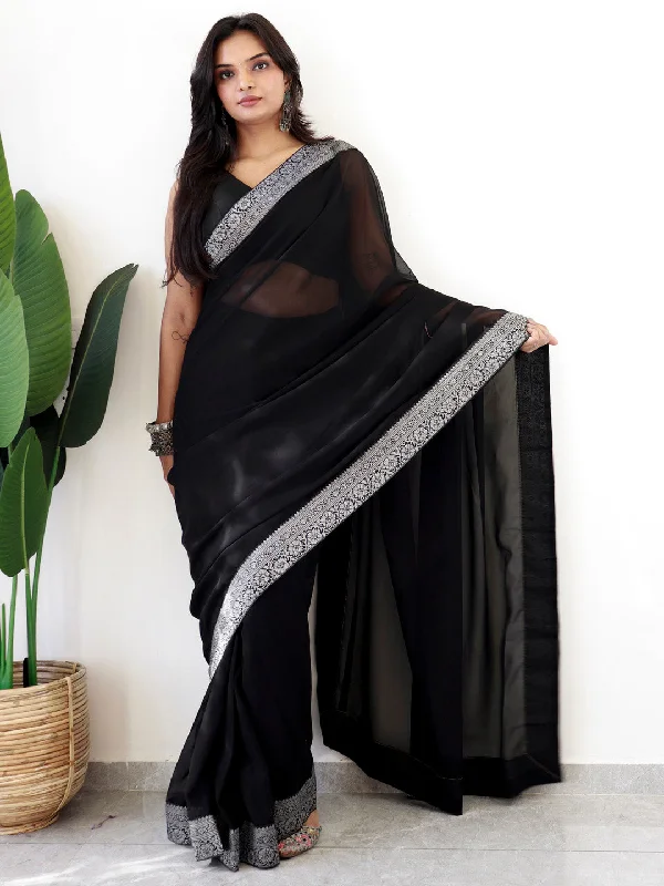 Women's Georgette Black Embellished Ready to Wear With Blouse Piece Chic Off-Shoulder Blouse Women's Georgette Black Embellished Ready to Wear With Blouse Piece Chic Off-Shoulder Blouse