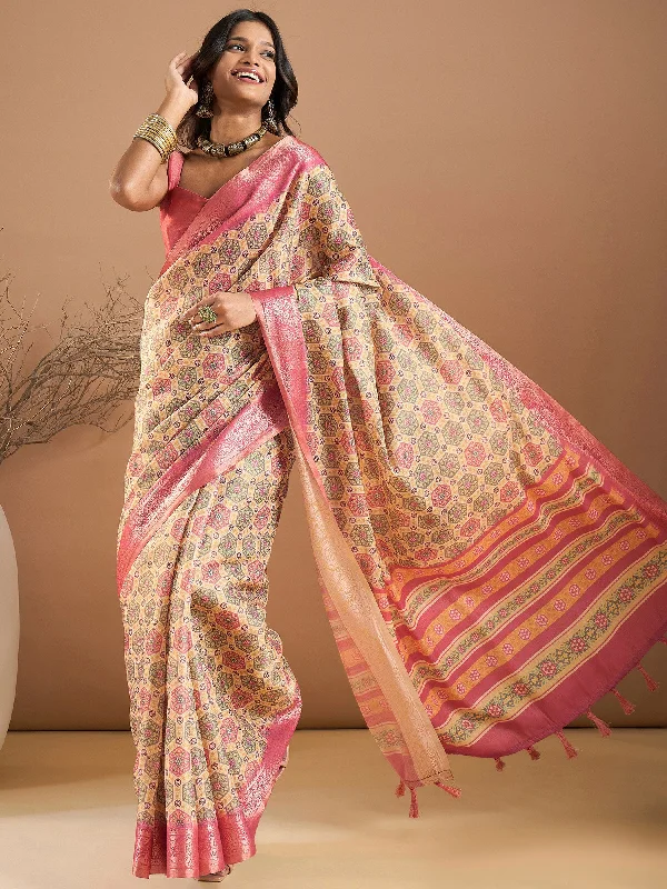 Women's Kanjeevaram Silk Beige Printed Designer Saree With Blouse Piece Sheer Sleeve Blouse Women's Kanjeevaram Silk Beige Printed Designer Saree With Blouse Piece Sheer Sleeve Blouse