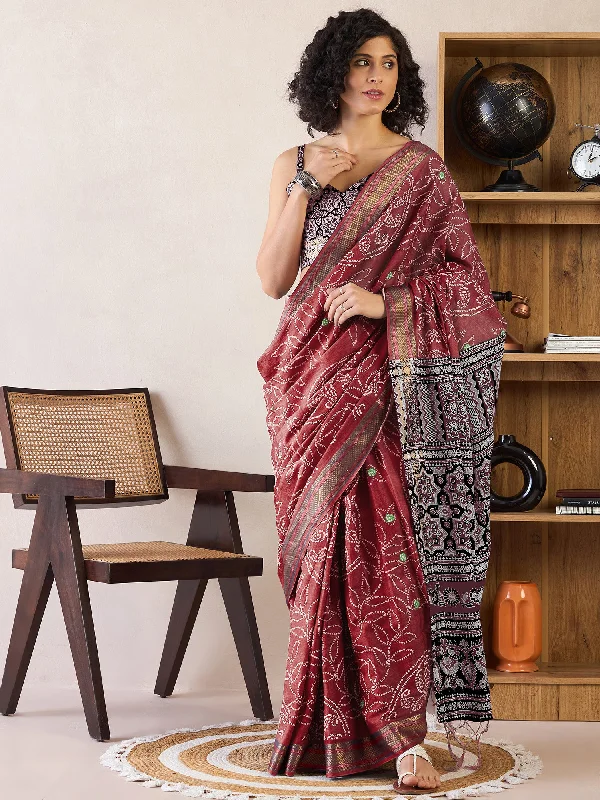 Women's Cotton Brown Printed Ready to Wear With Blouse Piece Sheer Mesh Blouse