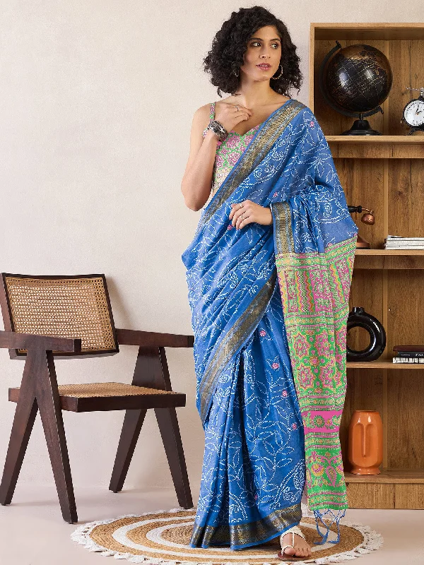 Women's Cotton Blue Printed Ready to Wear With Blouse Piece Ruffled Neck Blouse