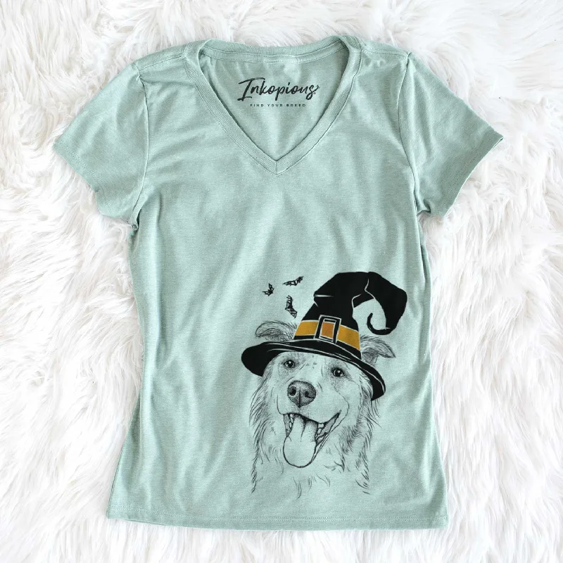 Witch Macaroni the Border Collie - Women's V-neck Shirt-- Asymmetrical Pockets Print Witch Macaroni the Border Collie - Women's V-neck Shirt-- Asymmetrical Pockets Print