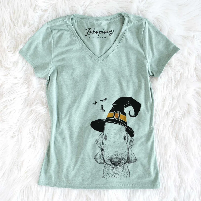 Witch Remington the Bedlington Terrier - Women's V-neck Shirt-- Front Pockets Side Pockets Patch Pockets