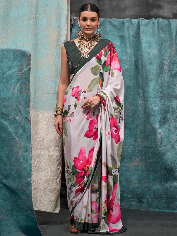 Women's Crepe Off White Printed Designer Saree With Blouse Piece Wrap Front Blouse