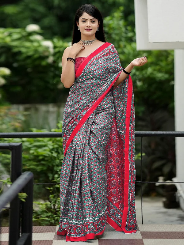 Women's Cotton Red Printed Designer Saree With Blouse Piece Silky Tunic Blouse