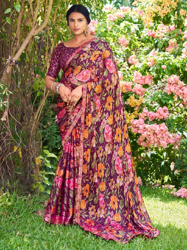 Women's Chiffon Burgundy Embellished Designer Saree With Blouse Piece Ruched Sleeve Blouse Women's Chiffon Burgundy Embellished Designer Saree With Blouse Piece Ruched Sleeve Blouse