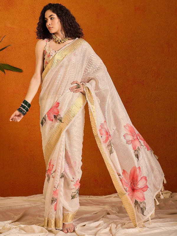 Women's Organza Cream Printed Designer Saree With Blouse Piece Balloon Sleeve Blouse Women's Organza Cream Printed Designer Saree With Blouse Piece Balloon Sleeve Blouse