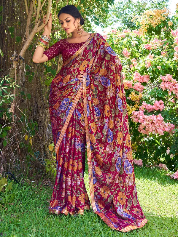 Women's Chiffon Magenta Embellished Designer Saree With Blouse Piece Side Tie Blouse Women's Chiffon Magenta Embellished Designer Saree With Blouse Piece Side Tie Blouse