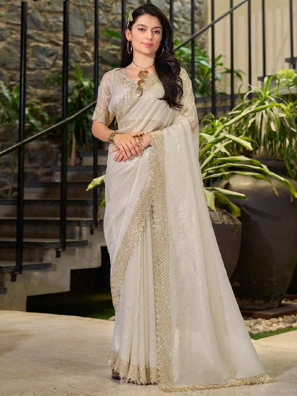 Women's Organza Cream Embellished Designer Saree With Blouse Piece Delicate Pleat Blouse Women's Organza Cream Embellished Designer Saree With Blouse Piece Delicate Pleat Blouse