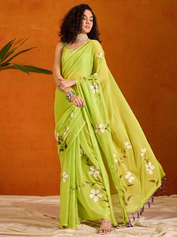 Women's Chiffon Light Green Printed Designer Saree With Blouse Piece Sheer Sleeve Blouse Women's Chiffon Light Green Printed Designer Saree With Blouse Piece Sheer Sleeve Blouse