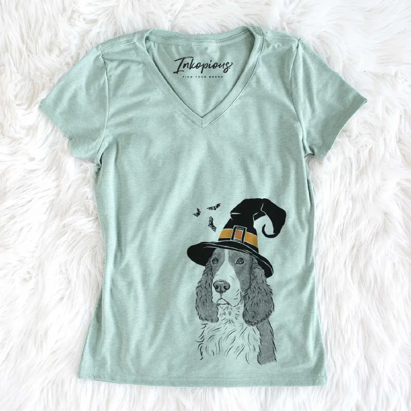 Witch Quincy the English Springer Spaniel - Women's V-neck Shirt-- Polka Dot Checkered Tartan Witch Quincy the English Springer Spaniel - Women's V-neck Shirt-- Polka Dot Checkered Tartan
