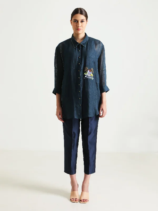 Indigo Country Shirt And Silk Chanderi Pant-- Chenille Fabric Brocade Fabric Lace Fabric