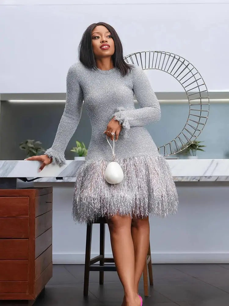 FZ Women's Ostrich Feather Hem Sexy Slim High Sequin Sparkly Mini Dress Cozy Cowl Neck Mini Dress FZ Women's Ostrich Feather Hem Sexy Slim High Sequin Sparkly Mini Dress Cozy Cowl Neck Mini Dress