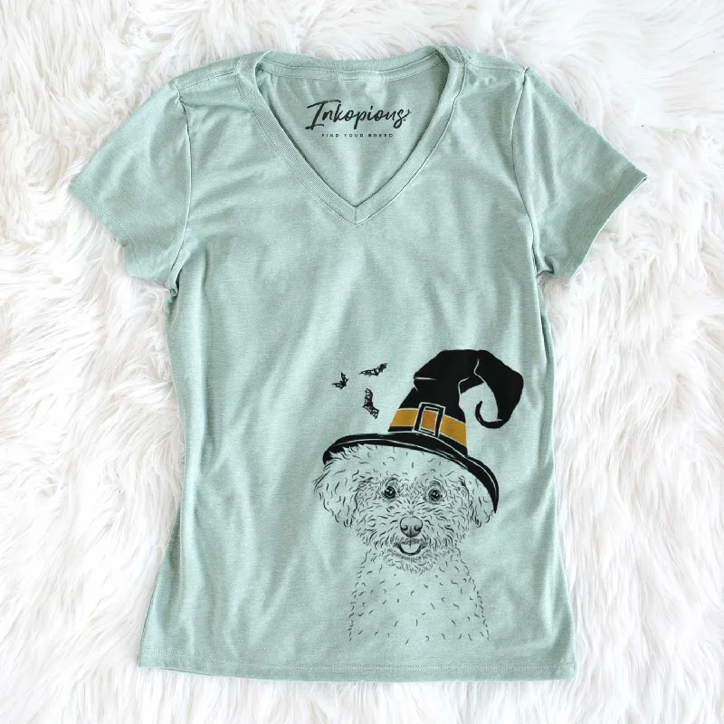 Witch Mickey the Bichon Frise - Women's V-neck Shirt-- Notch Collar Peter Pan Collar Cowl Neck Witch Mickey the Bichon Frise - Women's V-neck Shirt-- Notch Collar Peter Pan Collar Cowl Neck