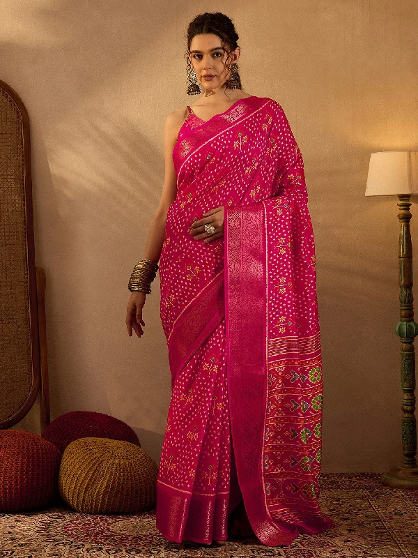 Women's Silk Blend Pink Printed Designer Saree With Blouse Piece Delicate Bow Blouse