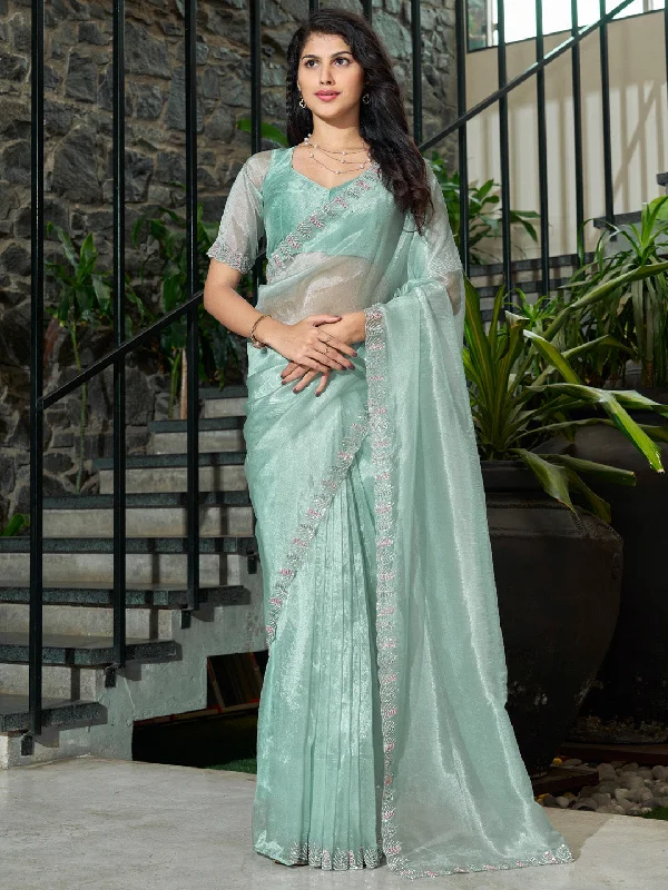 Women's Organza Sea Green Embellished Designer Saree With Blouse Piece Feminine Pastel Blouse Women's Organza Sea Green Embellished Designer Saree With Blouse Piece Feminine Pastel Blouse