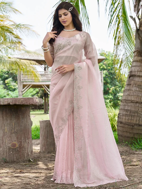 Women's Organza Pink Embellished Designer Saree With Blouse Piece Sleeveless Chiffon Blouse Women's Organza Pink Embellished Designer Saree With Blouse Piece Sleeveless Chiffon Blouse