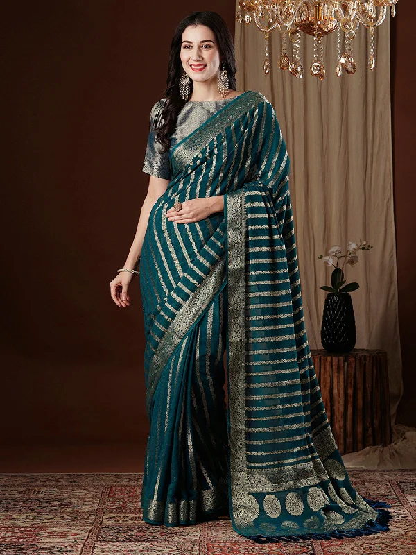 Women's Georgette Teal blue Woven Design Designer Saree With Blouse Piece Embellished Collar Blouse Women's Georgette Teal blue Woven Design Designer Saree With Blouse Piece Embellished Collar Blouse