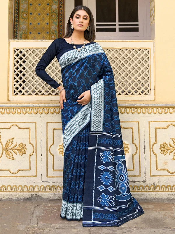 Women's Bhagalpuri Silk Navy Blue Printed Designer Saree With Blouse Piece Airy Cotton Blouse Women's Bhagalpuri Silk Navy Blue Printed Designer Saree With Blouse Piece Airy Cotton Blouse