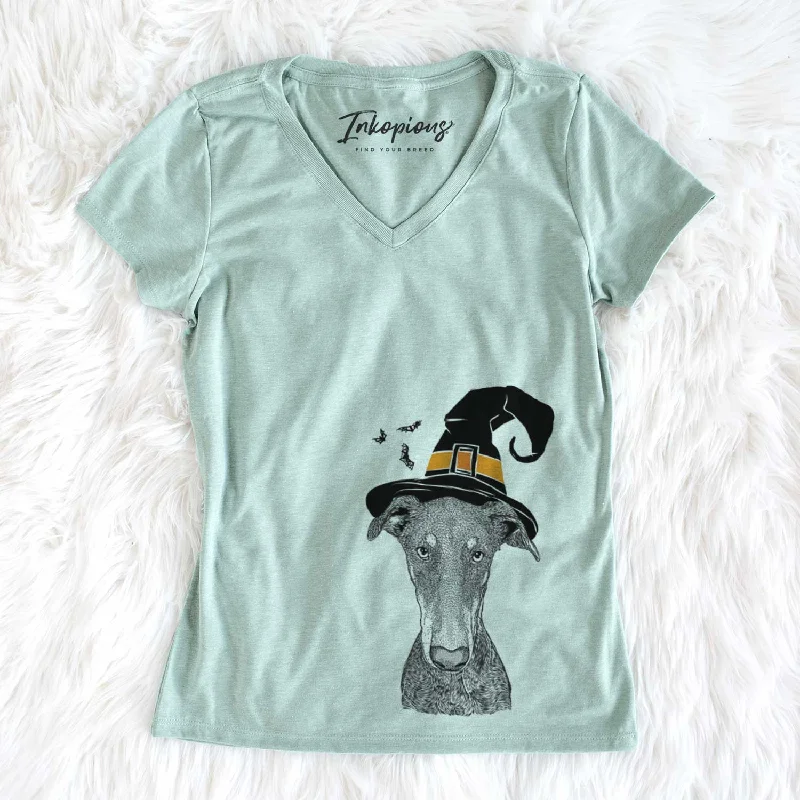 Witch Princess Fiona the Doberman Pinscher - Women's V-neck Shirt-- Zippered Front Buttoned Front Snap Front Witch Princess Fiona the Doberman Pinscher - Women's V-neck Shirt-- Zippered Front Buttoned Front Snap Front