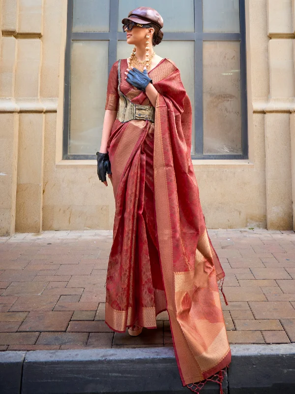 Women's Organza Maroon Woven Design Designer Saree With Blouse Piece Elegant Silk Blouse Women's Organza Maroon Woven Design Designer Saree With Blouse Piece Elegant Silk Blouse